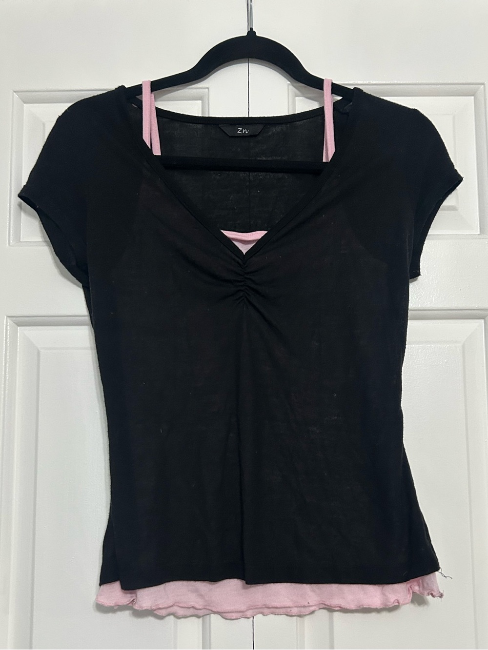 Y2K zinc Black Short Sleeve Top with Attached Pink Tank Layered Underneath
